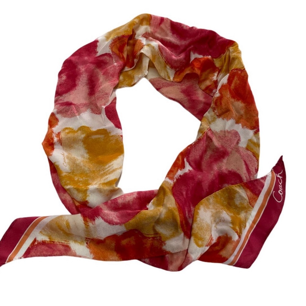 Coach Scarf Womens Pink Orange Yellow Floral  Ascot Hair Puse Tie Silk 100% silk